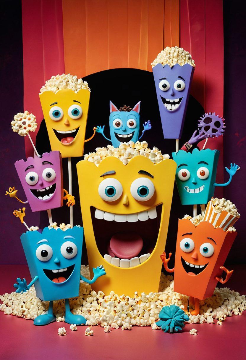 A whimsical film set with a broken mold design, featuring unconventional storytelling elements like mixed media, a quirky script in large letters, and outrageous props like oversized popcorn and funny masks. Characters in bizarre costumes share laughter around the mold with colorful lights and playful shadows swirling around. bright colors, playful composition, cinematic style.