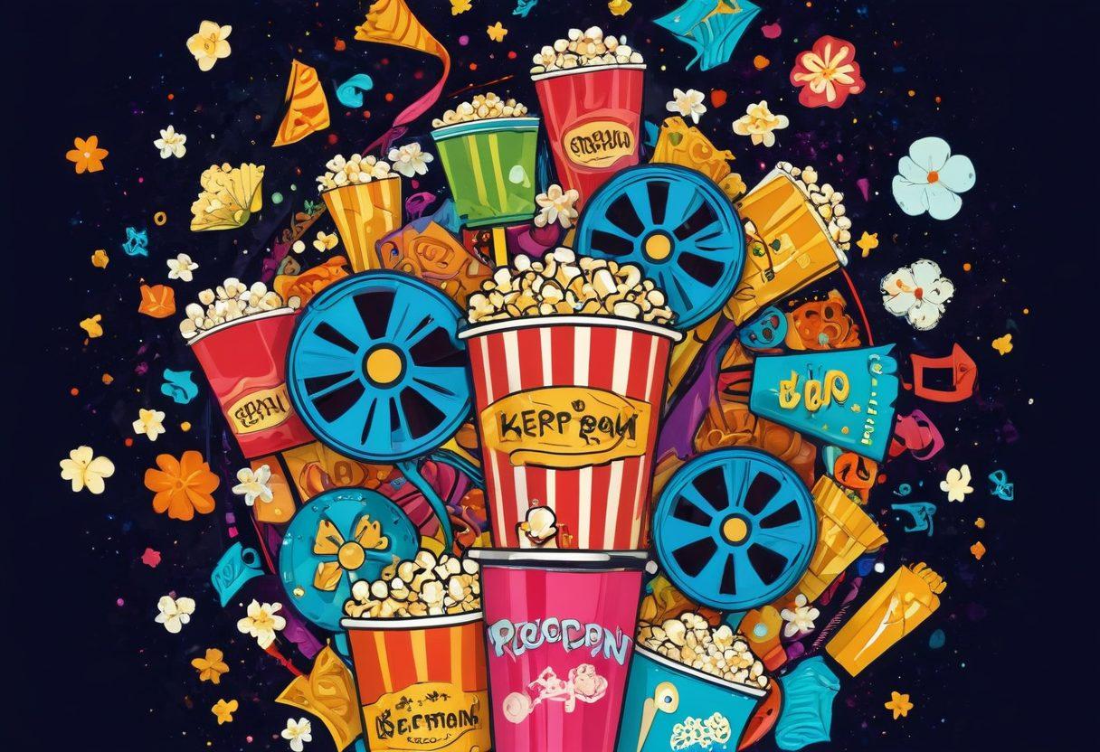 A whimsical film reel twisting into a playful spiral, adorned with cartoonish characters from various genres like comedy and satire, featuring bright popcorn kernels raining around. The background is a vibrant cinema with colorful lights illuminating the scene, creating an inviting atmosphere. Include elements of offbeat narratives like quirky doodles or sketches surrounding the film reel. super-realistic. vibrant colors. 3D.