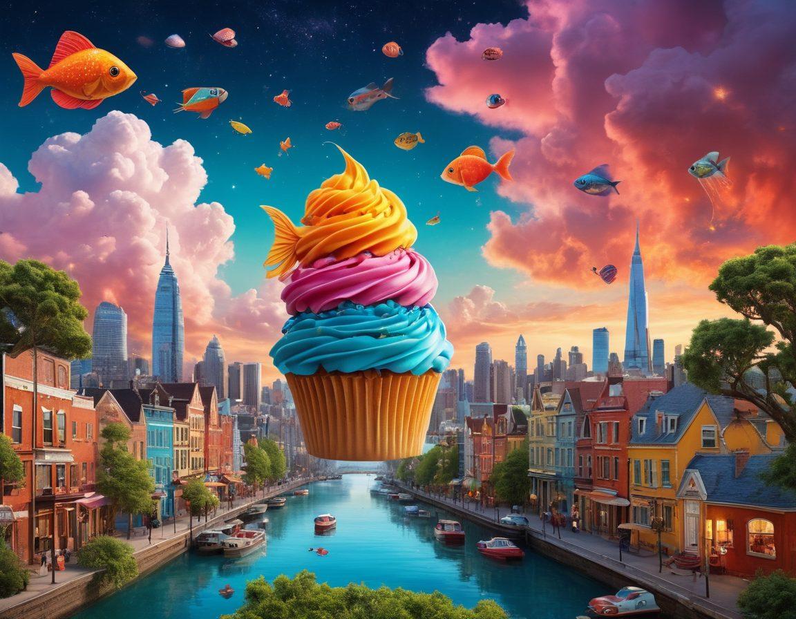 A vibrant collage of quirky movie scenes featuring whimsical characters in unusual settings, such as a flying fish in a city skyline, a giant talking cupcake, and a surreal landscape with trees growing candy. The background should have a dreamy, colorful sky with fluffy clouds and twinkling stars. Include a film reel weaving through the imagery to symbolize storytelling. The overall aesthetic should evoke joy and creativity. super-realistic. vibrant colors. fantasy art.